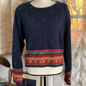 VTG Liz Claiborne Lizsport Sweater Womens Sz S Retro Boho Southwest Gold Accent